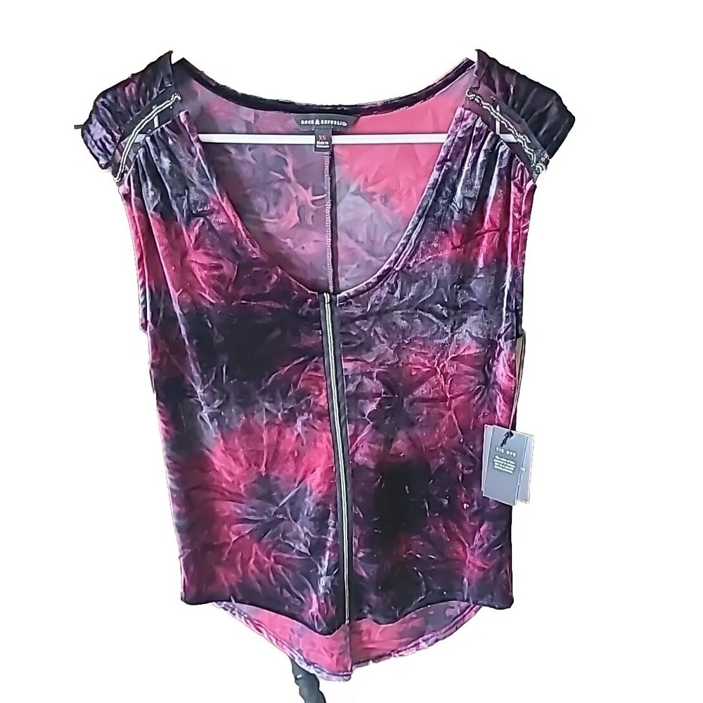 NWT Rock&Republic Top Tie Dye Crush Velvet Velour Sleeveless Top Purple Black XS